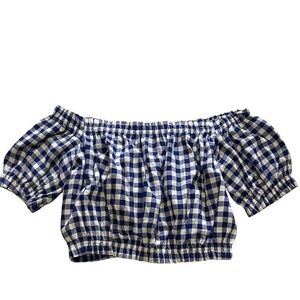 L’Academie Blue Gingham Off Shoulder Crop Top Size Small